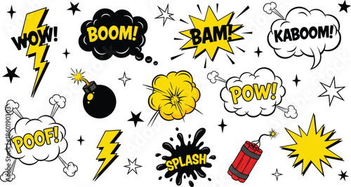 Comic Explosion Sound Effects Illustration Set Featuring Boom Pow Bam Splash Lightning and Bomb Cartoon Action Vector Collection