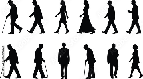 People walking silhouettes collection men and women different ages human figures motion lifestyle black isolated illustration set