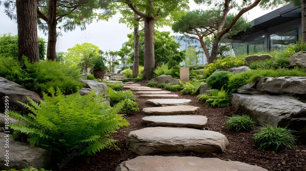 Fototapeta premium Modern Landscaped Garden Path with Large Flat Stone Steps, Lush Green Ferns and Contemporary Building Architecture