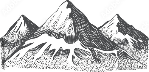 Black and white mountain illustration, hand drawn dotted engraving landscape, minimalist alpine peaks scenery, vintage sketch style nature artwork