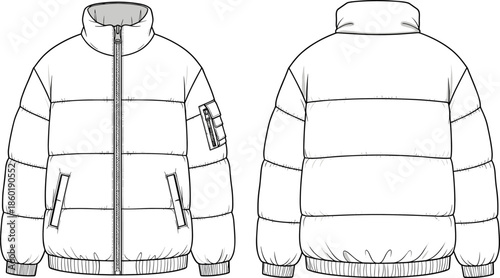 Puffer jacket technical fashion design with high collar zip front pockets front and back view cad drawing flat vector illustration