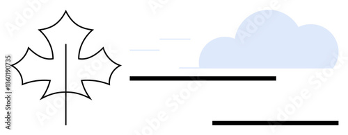 Side view of a maple leaf with motion lines, horizontal bars, and a soft blue cloud. Ideal for autumn, nature, environment, weather, sustainability eco trends and minimalism. Simple flat metaphor