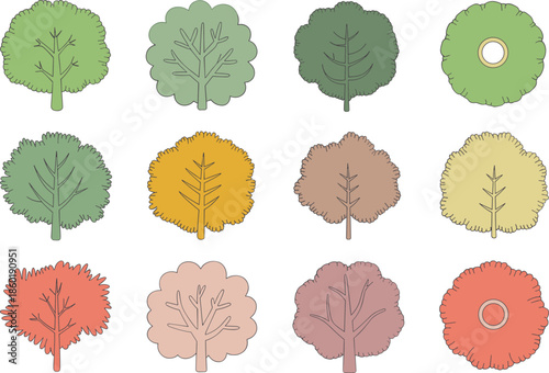 Stylized tree canopy illustration set, top view forest foliage collection, colorful seasonal nature elements, flat vector design, landscaping assets