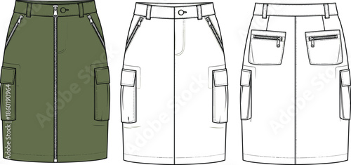 Women cargo skirt technical fashion design with front zipper utility pockets front side and back view cad drawing flat vector illustration