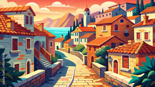 Very beautiful view of a historic stone street in Omiš, Croatia, with red rooftops, traditional architecture, and warm Mediterranean sunlight in a charming coastal town.