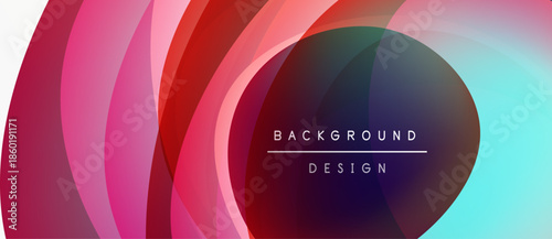 Abstract colorful layers create dynamic visual effect. Gradient shades blend, forming circular patterns. Text reads background design.