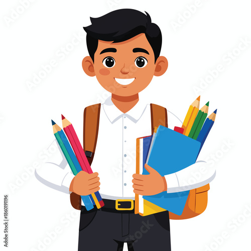 A young student holding books and pencils with a backpack, standing in a studio setting