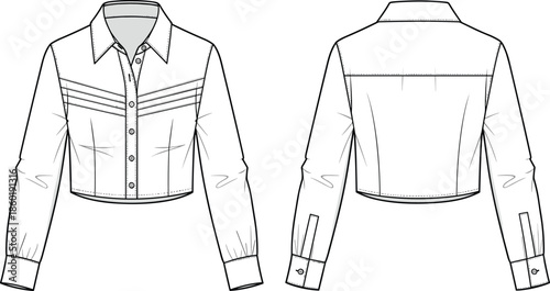 Women cropped button up jacket technical fashion design with long sleeves front and back view cad drawing flat vector illustration