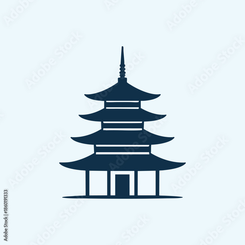 A serene illustration of a pagoda with multiple tiered roofs and a central spire viewed from the front
