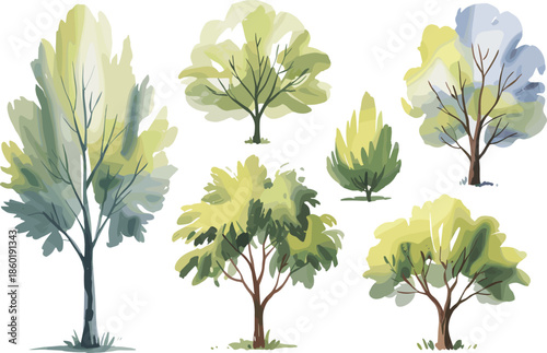 Watercolor tree illustration set, hand painted green foliage trees, natural forest elements, soft artistic botanical design, isolated nature artwork