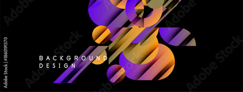 Abstract geometric shapes, vibrant purple, orange hues dominate design. Modern background with dynamic lines, gradients present.