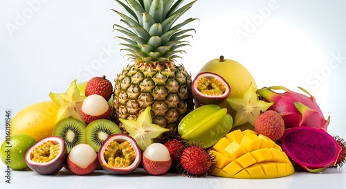 Vibrant assortment of exotic tropical fruits on a white background