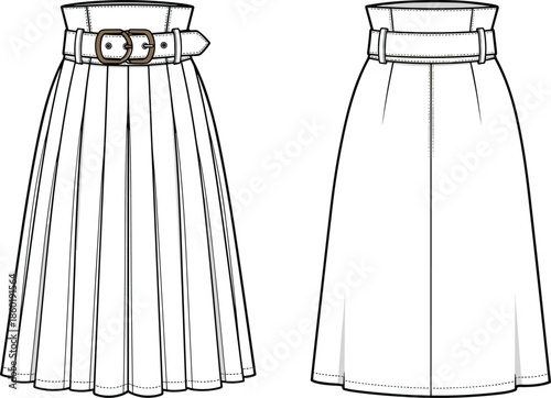 Women pleated midi skirt technical fashion design with high waist belt front and back view cad drawing flat vector illustration