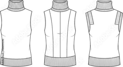 Women sleeveless turtleneck knit top technical fashion design with ribbed collar hem front back and side view cad drawing flat vector illustration