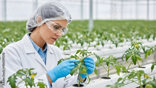 Female scientist agronomist examining  plants in hydroponic greenhouse farm for biotechnology