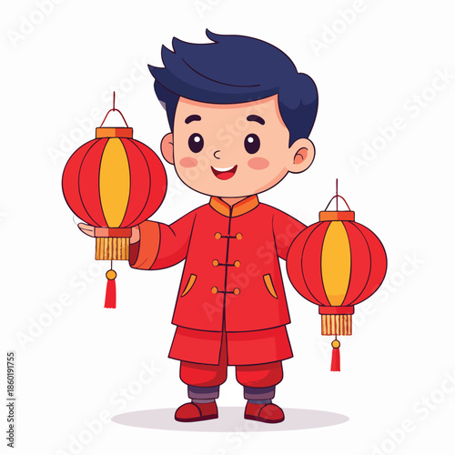 A young boy in traditional attire holding festive lanterns
