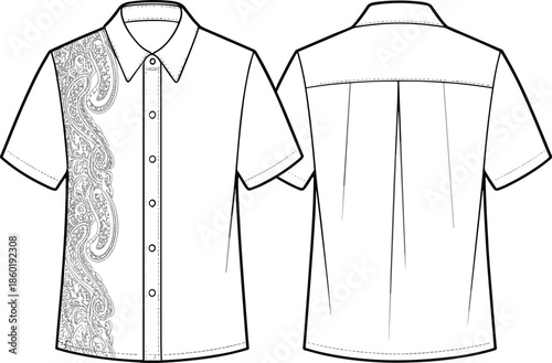 Men's Short Sleeve Button Down Shirt Fashion Illustration Featuring Front and Back View with Vertical Grey Paisley Print Pattern, Vector Graphic