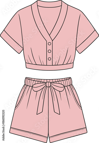Pink Loungewear Set Illustration Featuring Cropped V-Neck Button Top and High Waisted Shorts with Front Bow Detail for Fashion Design, Vector