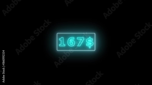 Glowing neon Number counter animation from zero to three hundred Doller. Animated counting Numbers from $0 to $300 on black background. Counting money animation.