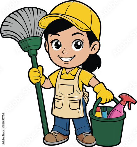 Smiling female professional cleaner cartoon mascot holding broom and cleaning supplies bucket isolated on white background for housekeeping service advertising banner.