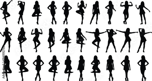 Large Collection of Elegant Female Silhouettes in Various Poses Including Standing Sitting and Reclining Positions Isolated on White Background for Fashion Design