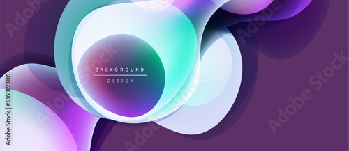 Abstract fluid shapes, purple hues dominate. Overlapping circles create dynamic visual effect. Modern design elements present.