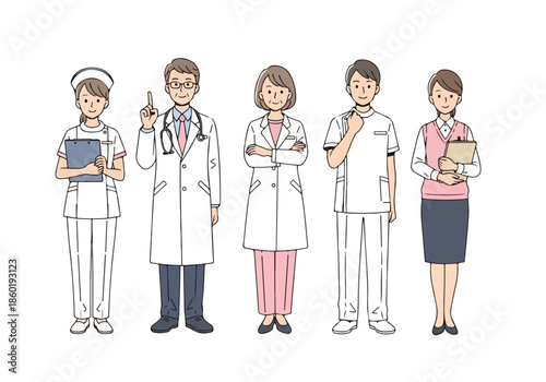 Healthcare professionals standing together - Lifestyle Illustration, Flat Line Art, Flat Style Illustration, Flat Line Illustration, Cartoon Line Illustration, Modern Outline Flat Illustration