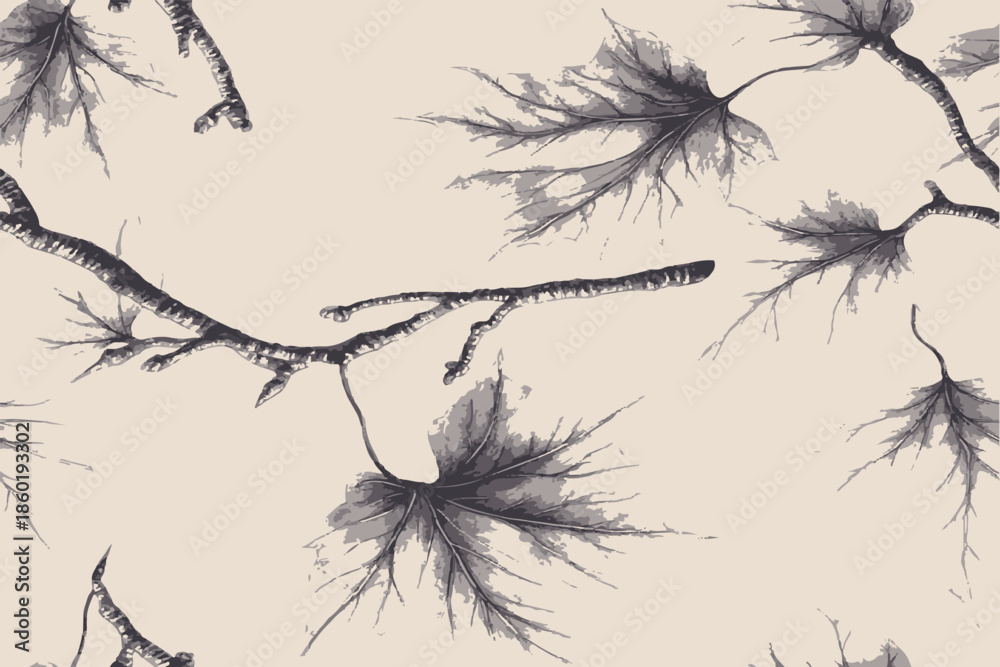 Fototapeta premium A seamless pattern of maple leaves and branches, with shades of gray, brown, black, beige, and white, evoking the beauty of autumn foliage, on an isolated background.