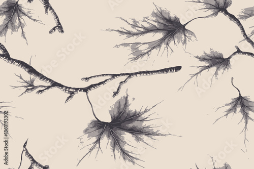 A seamless pattern of maple leaves and branches, with shades of gray, brown, black, beige, and white, evoking the beauty of autumn foliage, on an isolated background.