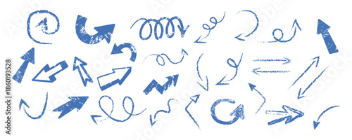Blue arrow set with rough chalk texture. Curved, spiral, zigzag and straight arrows in sketch style. Expressive doodle arrows for direction, navigation and infographic design, isolated on white.