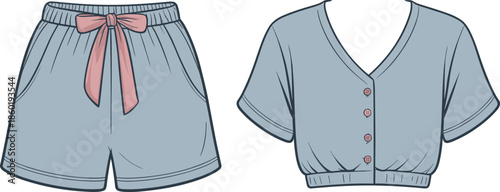 Women Loungewear Set Vector Template Featuring V Neck Button Up Crop Top and Elastic Waist Drawstring Shorts Apparel Design Mockup Sketch