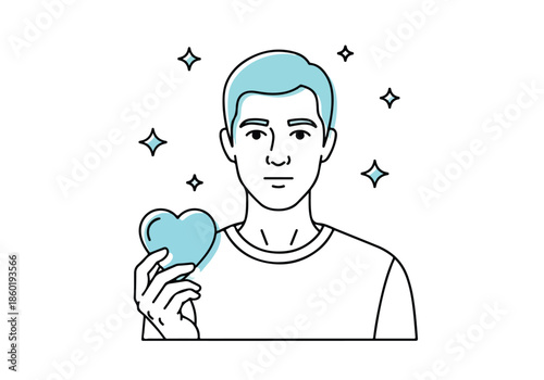 Man holding blue heart - Lifestyle Illustration, Flat Line Art, Flat Style Illustration, Flat Line Illustration, Cartoon Line Illustration, Modern Outline Flat Illustration