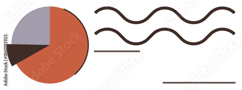Pie chart divided into three sectors paired with wavy lines and horizontal bars for abstract data visualization. Ideal for analytics, statistics, workflow, process, simplicity, organization
