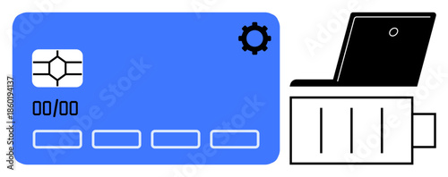 Digital payments, online banking, financial security, secure transactions, e-commerce, data protection. Blue credit card with chip and gear icon next to a laptop. Digital payments and online banking