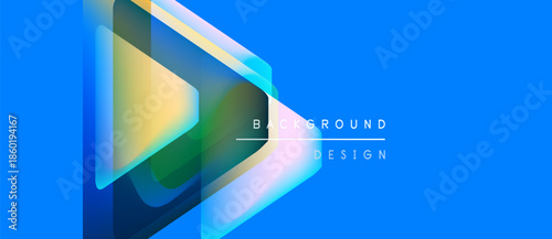 Bright blue backdrop features layered translucent shapes. Gradient colors create dynamic visual effect. Text reads background design.