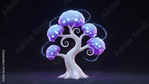 3D glowing fantasy tree with blue purple color, magical, futuristic and artistic.