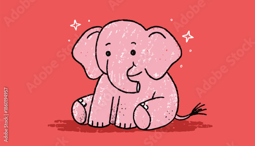 Cute pink elephant with sparkles on red background
