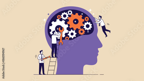 Mental development concept, cognitive process, gear brain illustration, psychological support, teamwork maintenance, modern vector art - flat vector illustration