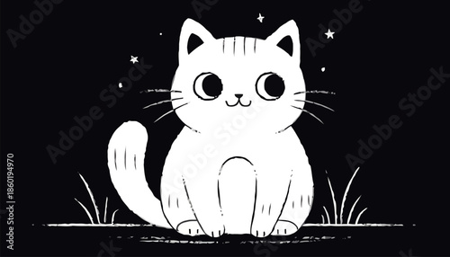 Cute cartoon cat sitting under starry night sky