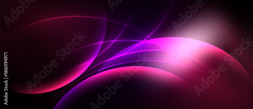 Abstract design features flowing curves, vibrant pinks, purples. Dark background emphasizes bright, dynamic shapes, creating modern aesthetic.