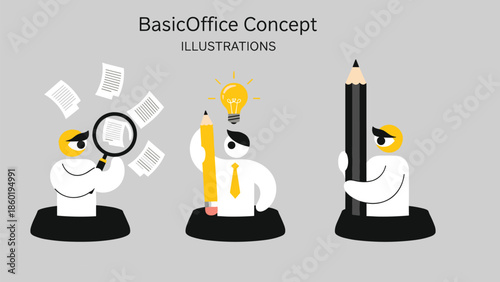 Office teamwork concept, creative idea generation, document analysis, writing process, business collaboration, productivity icons, minimal design - flat vector illustration