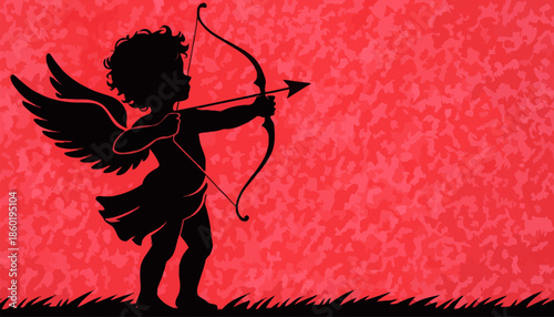 Cupid silhouette aiming bow and arrow on red background