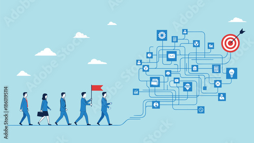 Business leadership journey, teamwork navigation, goal achievement, strategic icons, process maze, target success, modern concept - flat vector illustration