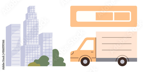 Delivery truck beside modern skyscrapers and a progress bar highlighting logistics or process status. Ideal for transport, logistics, urban planning, shipping, progress tracking, delivery services