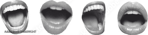 Set of expressive open mouth illustrations in black and white styles. Teeth, lips, and tongues show shouting, speaking, and vocal expression concepts. Ideal for pop art, graphic design, posters, 