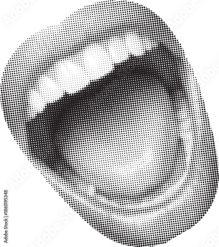 Black and white halftone open mouth illustration showing teeth and tongue. Bold pop art style creates an expressive shouting or speaking concept. Ideal for graphic design, posters, comics, and modern 