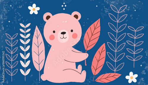 Cute pink bear sitting with colorful leaves and flowers