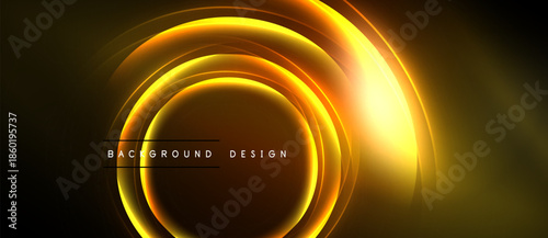 Abstract golden circles radiate light. Dark background emphasizes glowing concentric shapes, creating dynamic visual effect. Text reads background design.