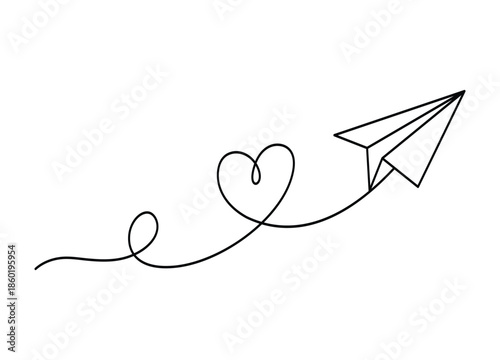 paper airplane with heart shaped trail flying high