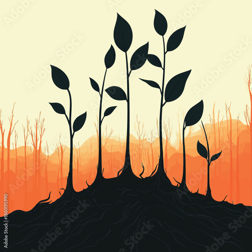 Seedlings sprout after fire, amidst black char and orange glow, for nature's resilience , vector style simple color